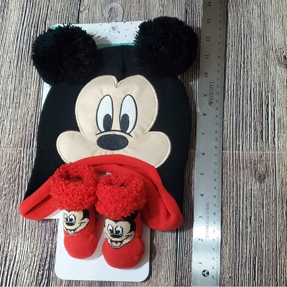 Mickey Mouse Disney Baby Hat & Bootie Sock 2 Pc Set Size 0 - 12 Months NEW - Picture 9 of 15
